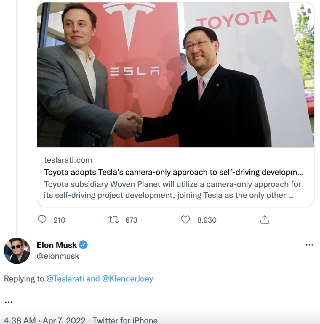 丰田加入纯视觉自动驾驶阵营，马斯克：……