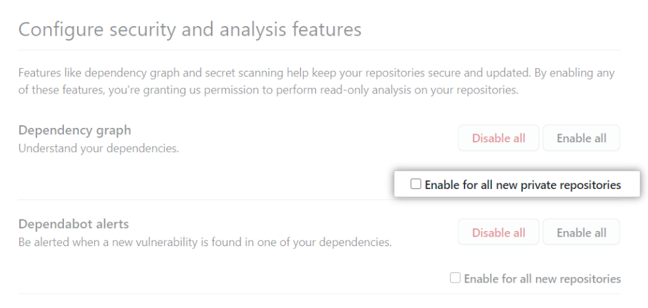 用于对新仓库启用或禁用功能的复选框