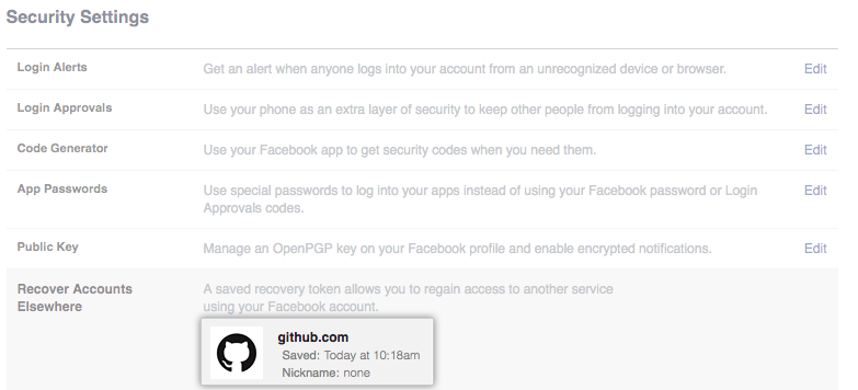 Facebook 中存储的恢复令牌列表