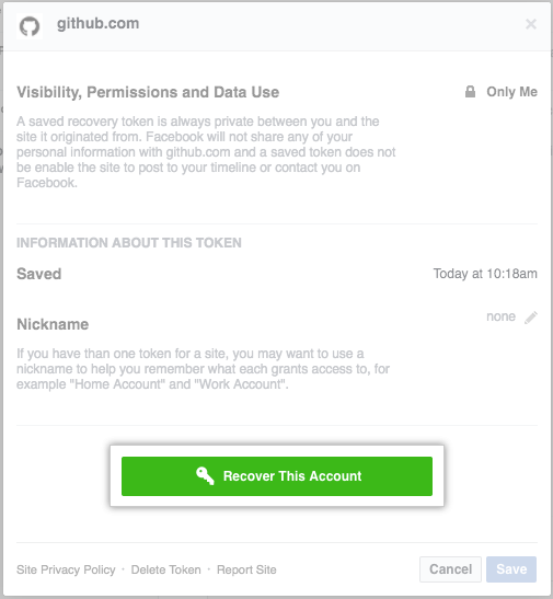 含有恢复令牌相关信息的模态框和恢复此帐户按钮