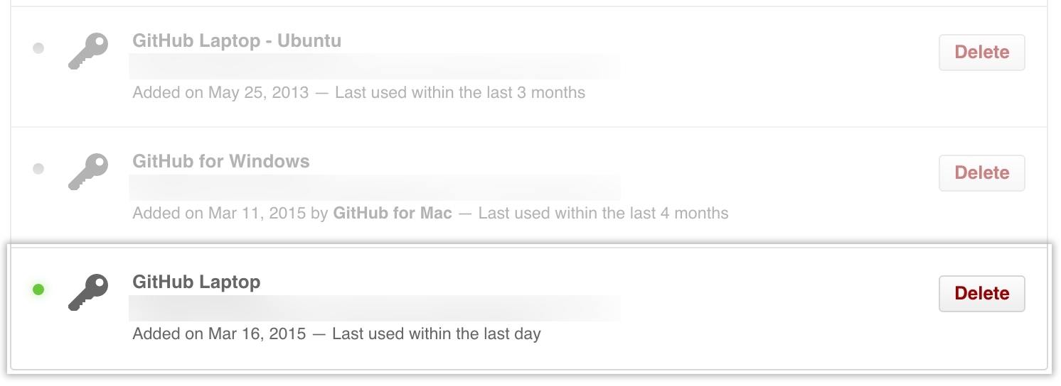 GitHub 中的 SSH 密钥列表