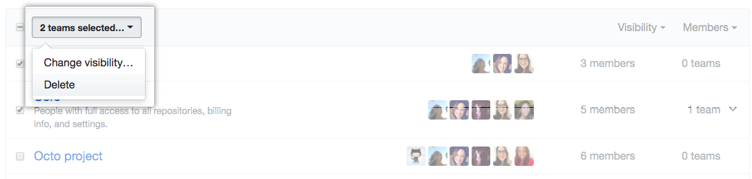 包含更改团队可见性选项的下拉菜单