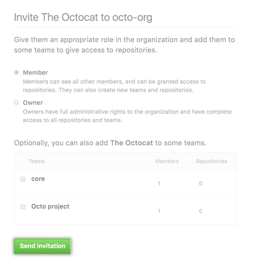 角色和团队选项及发送邀请按钮