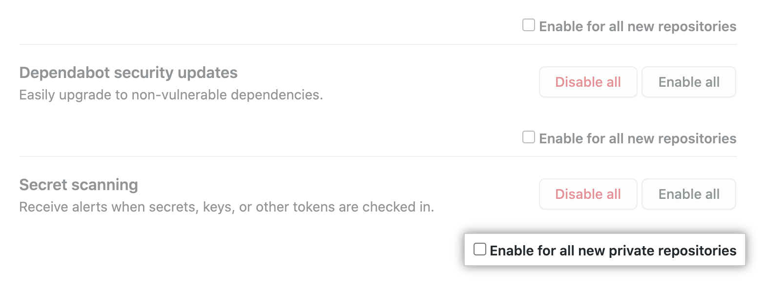 用于对新仓库启用或禁用功能的复选框