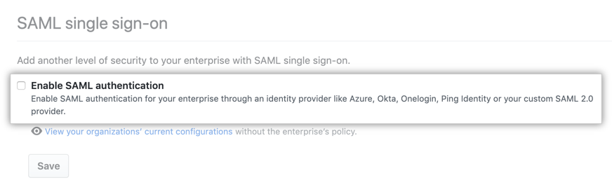 用于启用 SAML SSO 的复选框