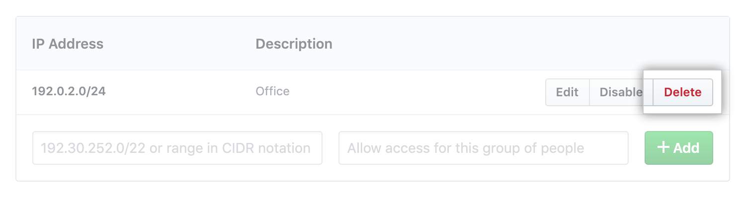 删除允许的 IP 地址按钮