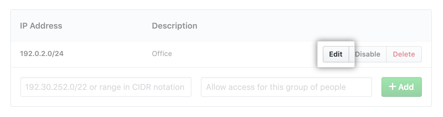 编辑允许的 IP 地址按钮