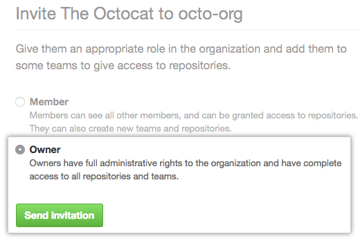 所有者单选按钮和发送邀请按钮