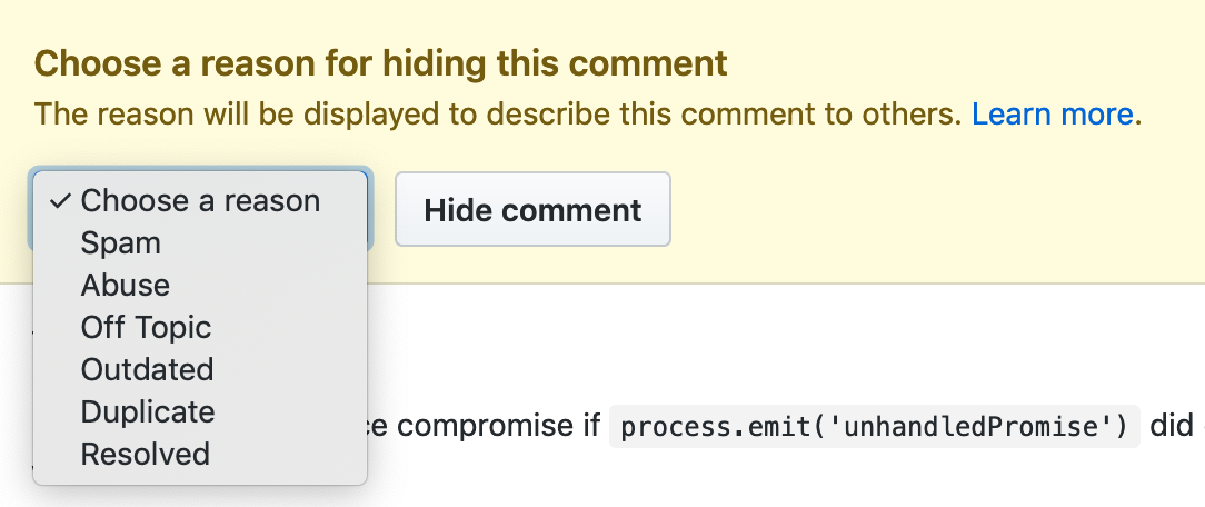 选择隐藏评论的原因下拉菜单