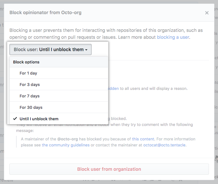 阻止用户下拉菜单中的阻止时限