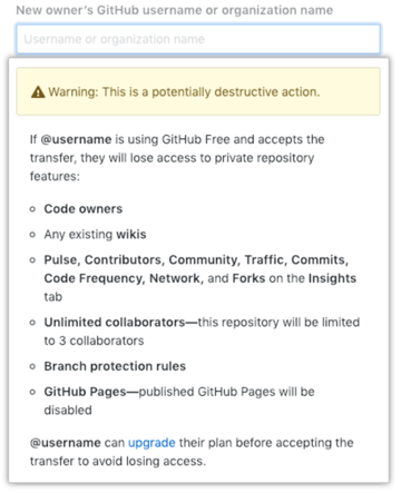 有关如何将仓库转让给免费产品使用者的警告