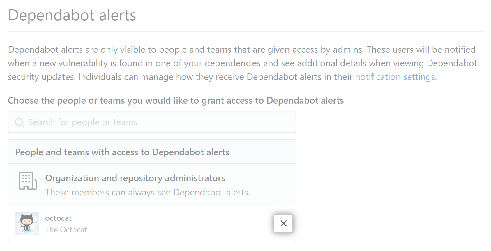 用于删除某人对您仓库的 Dependabot 警报访问权限的 