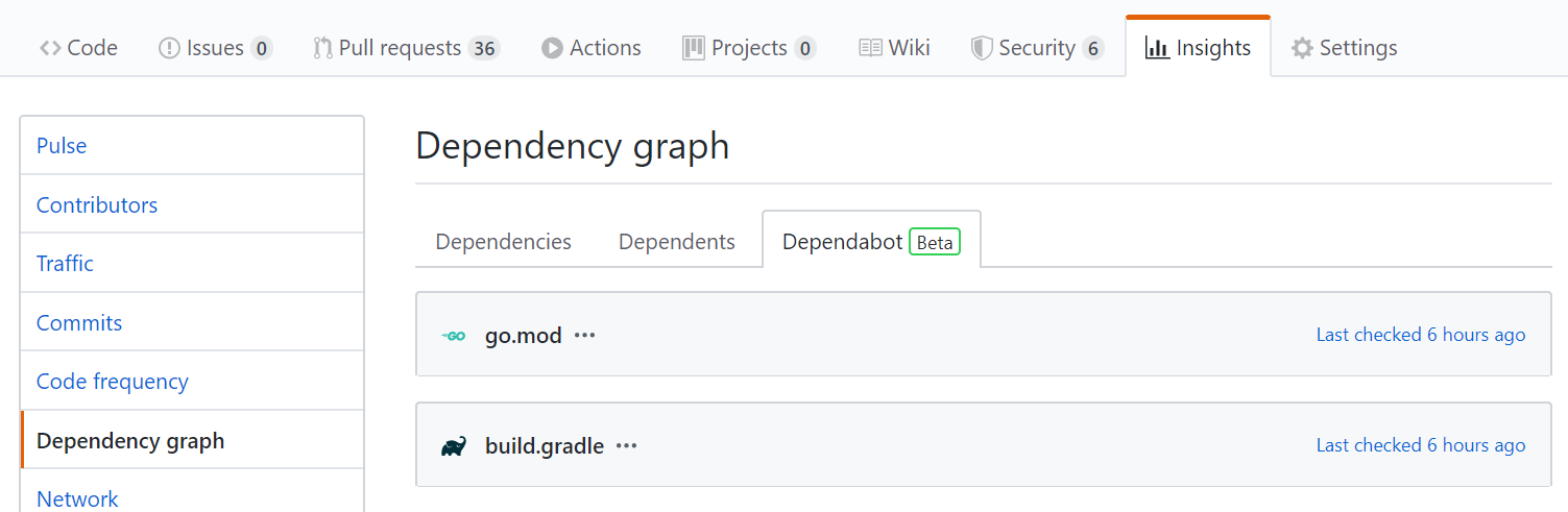 仓库洞察选项卡，依赖关系图，Dependabot 选项卡