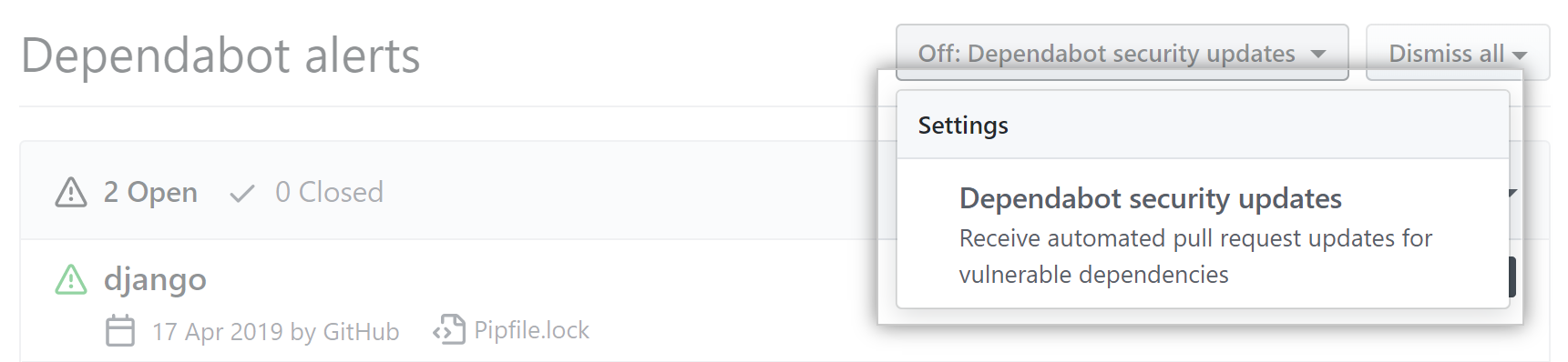 包含启用 GitHub Dependabot 安全更新 的选项的下拉菜单