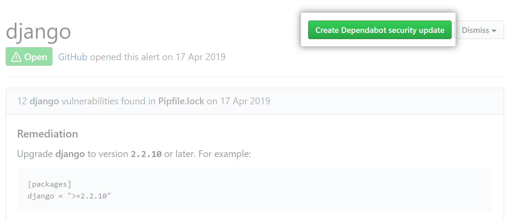 创建 Dependabot 安全更新按钮