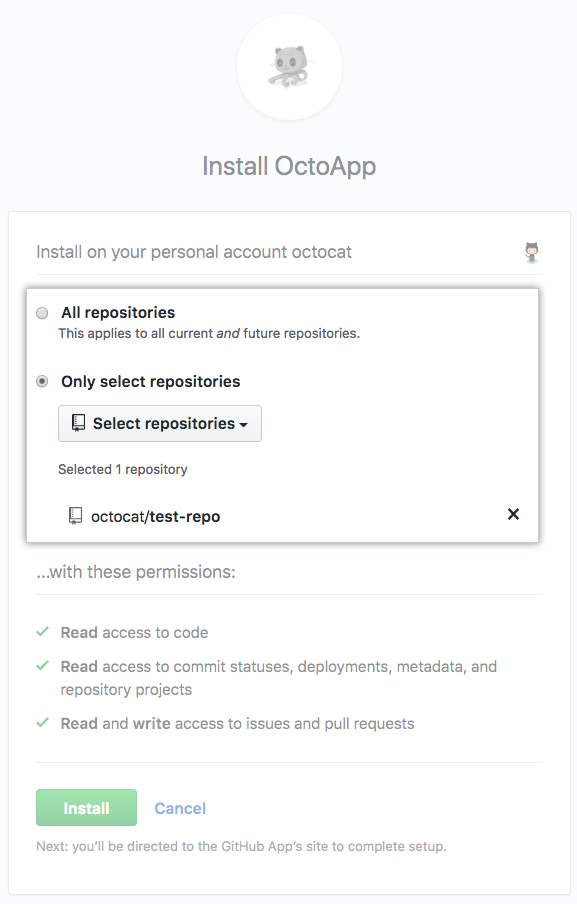 用于在所有仓库或某些仓库上安装应用程序的选项单选按钮