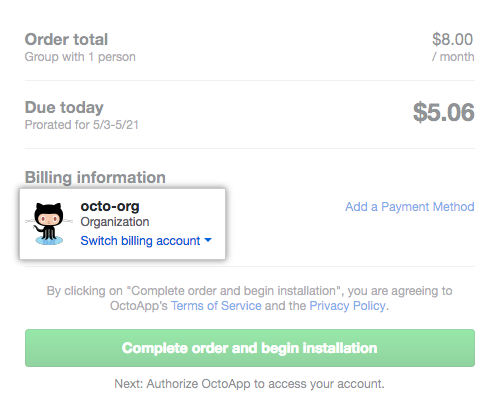 用于切换计费帐户及所选组织名称和头像的下拉菜单