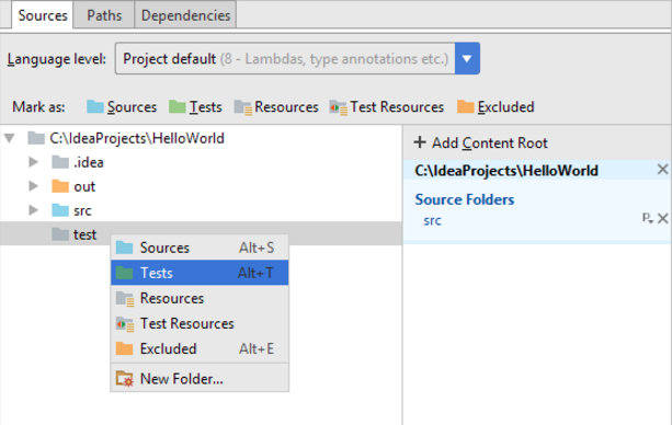 IntelliJ IDEA在“项目结构”对话框中指定文件夹类别