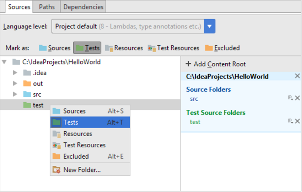 IntelliJ IDEA在“项目结构”对话框中指定文件夹类别
