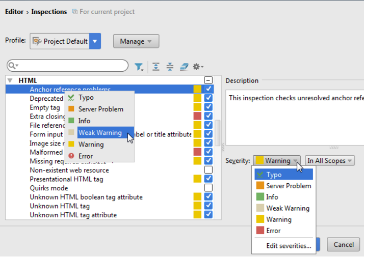 IntelliJ IDEA 更改检查严重性