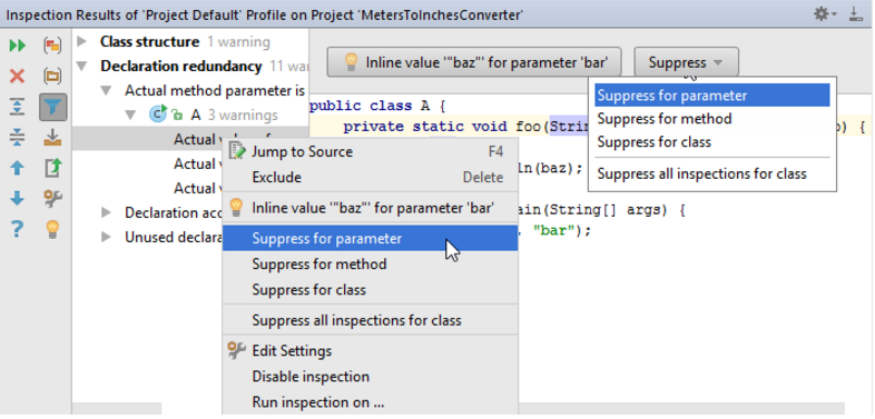 从“检查结果”工具窗口中抑制检查