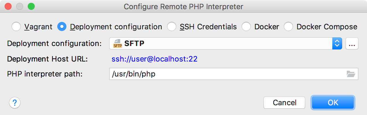 通过“部署配置”对话框远程解释