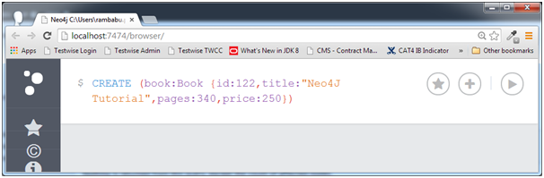 CREATE (book:Book {id:122,title:"Neo4j Tutorial",pages:340,price:250}) 