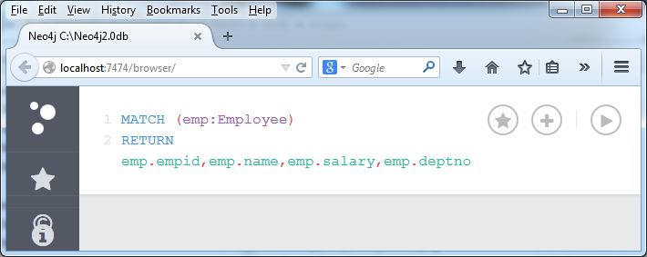 MATCH (emp:Employee) RETURN emp.empid,emp.name,emp.salary,emp.deptno