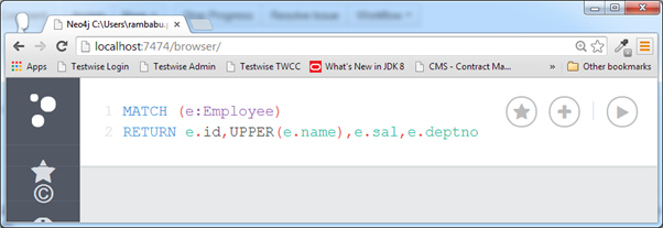 MATCH (e:Employee)  RETURN e.id,UPPER(e.name),e.sal,e.deptno