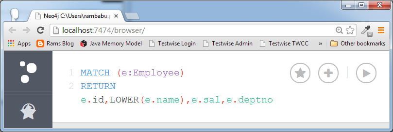 MATCH (e:Employee)  RETURN e.id,LOWER(e.name),e.sal,e.deptno