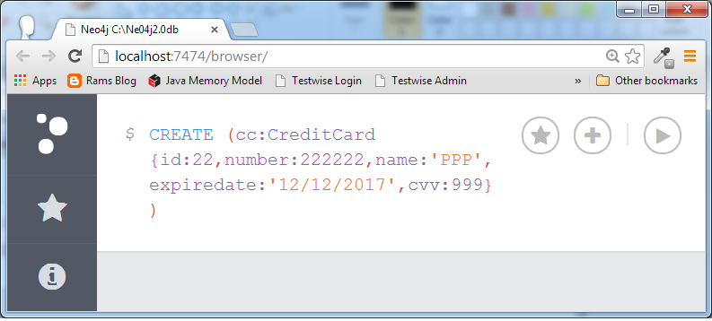 CREATE (cc:CreditCard {id:22,number:222222,       name:'BBB',expiredate:'10/10/2017',cvv:222})