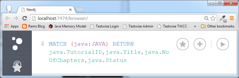 MATCH (java:JAVA) RETURN java.TutorialID,java.Title,    java.NoOfChapters,java.Status