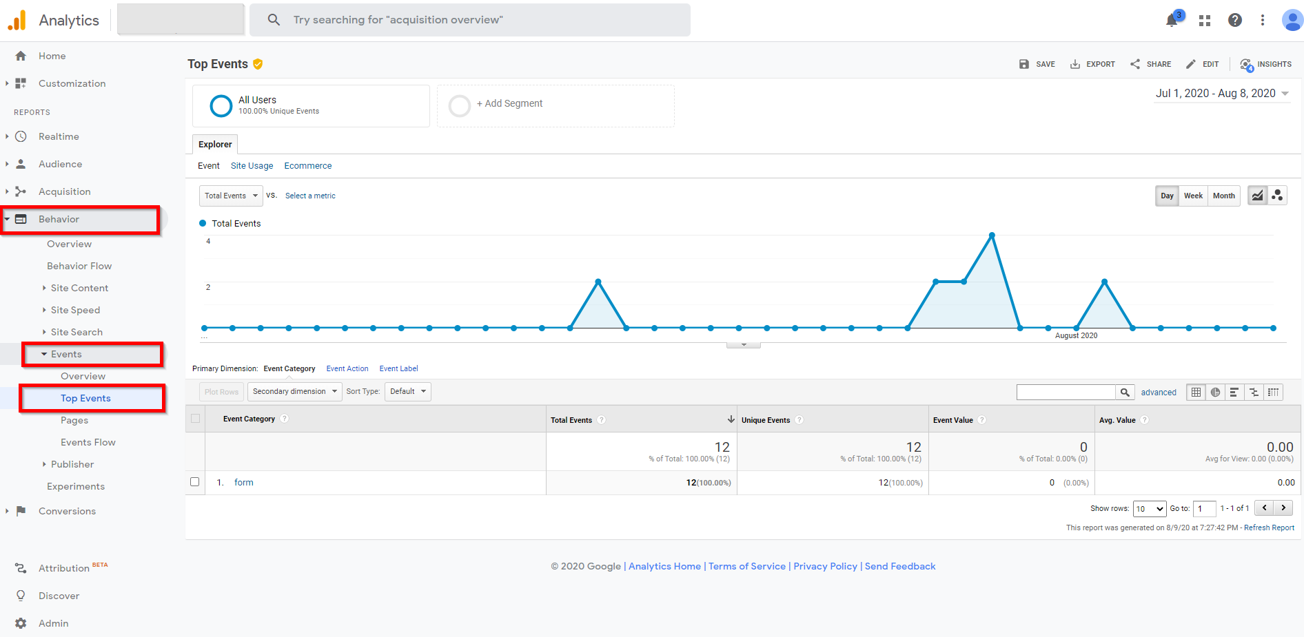 在Google Analytics（分析）中的“行为”>“事件”>“热门事件”报告中找到的位置