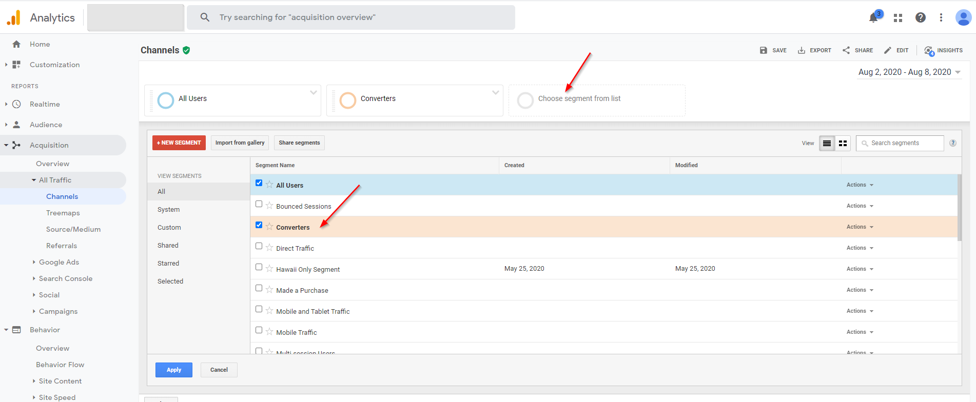 Google Analytics（分析）细分：选择转化者细分