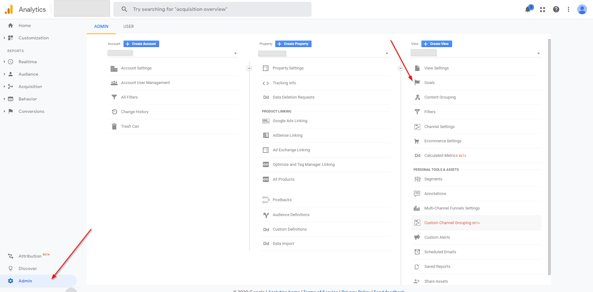 Google Analytics（分析）目标-在“管理”部分中访问目标